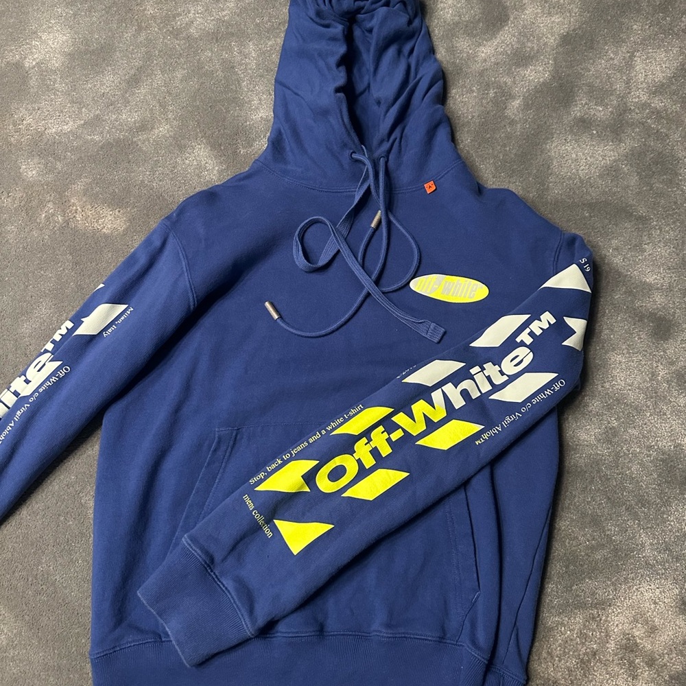 Off-White Navy Hoodie with Neon Yellow Details
